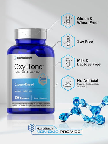 Horbaach Oxy-Tone Intestinal Cleanser supplement bottle with features on a gray background