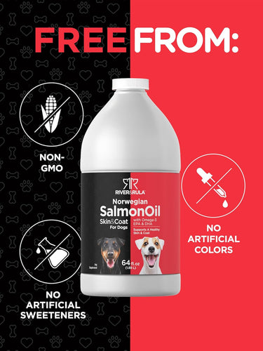 Dog food product with salmon oil label on a red and black background