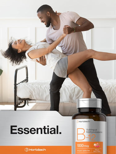 Bottle of Hertés B12 supplement with a couple embracing in the background