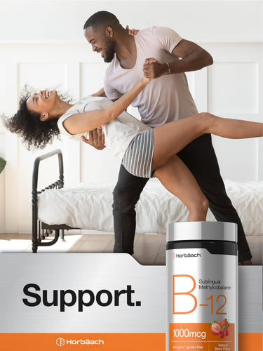 View 6 Horbäach Sublingual Methylcobalamin B-12 1000mcg, Natural Berry Flavor, non-gmo and gluten free. Graphic text reads: Support.