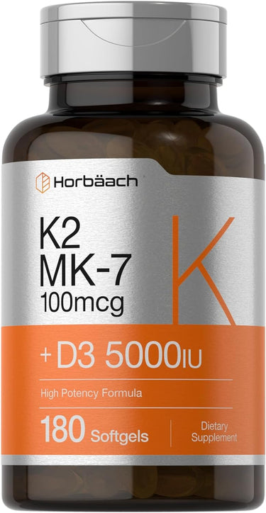 Supplement bottle labeled K2 MK-7 with Horbaach branding on a white background