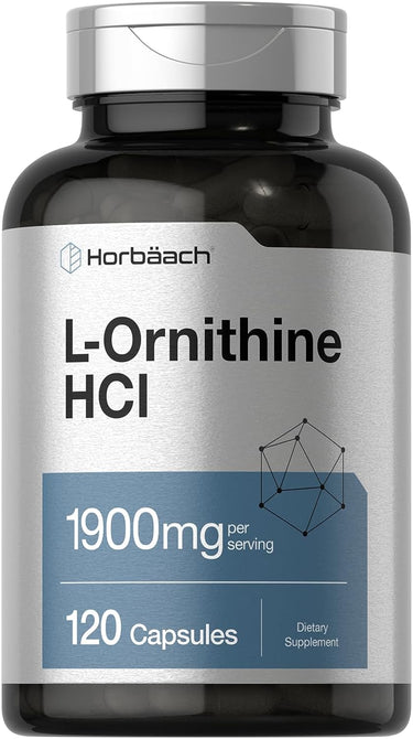 Bottle of Horbaach L-Ornithine HCl with 1900mg of L-Ornithine per serving and 120 capsules.