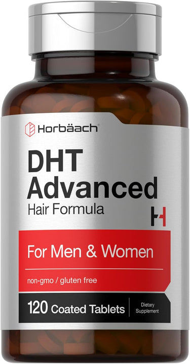 Supplement bottle labeled 'DHT Advanced Hair Formula' by Horbaach with a silver cap and red label.