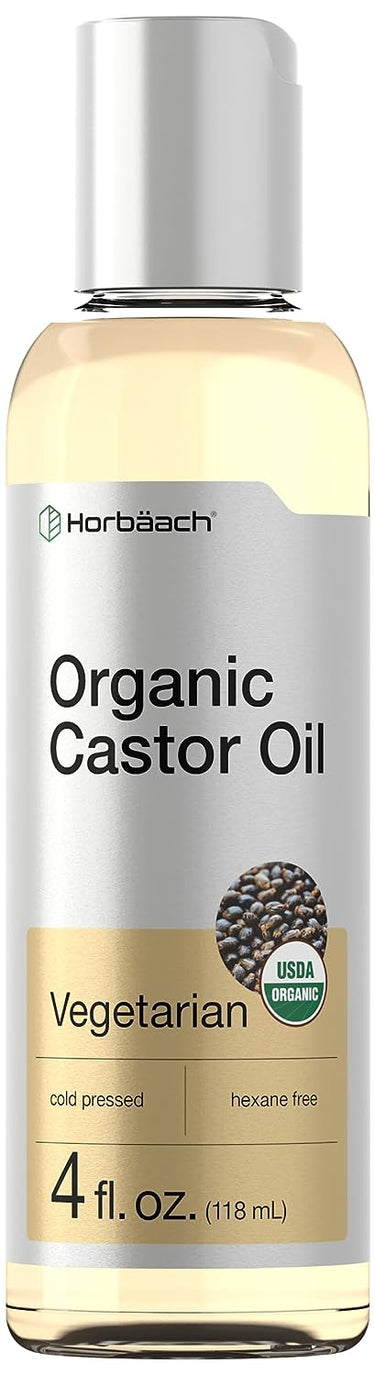 Bottle of Horbaach Organic Castor Oil, 4oz Liquid, marked as vegetarian and non-GMO.