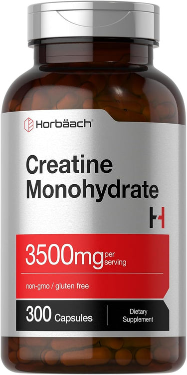 A bottle of Horbaach Creatine Monohydrate with 300 capsules, labeled with 3500mg per serving information.