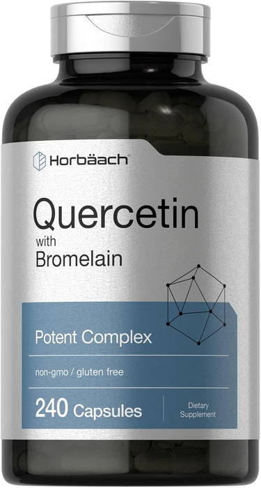 A bottle of Horbaach Quercetin with Bromelain dietary supplement containing 240 capsules, prominently displaying the brand and product name on the label.