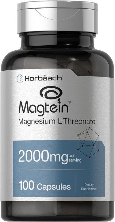 A bottle of Horbaach Magtein Magnesium L-Threonate supplement, with 100 capsules, each containing 2000mg of magnesium per serving.