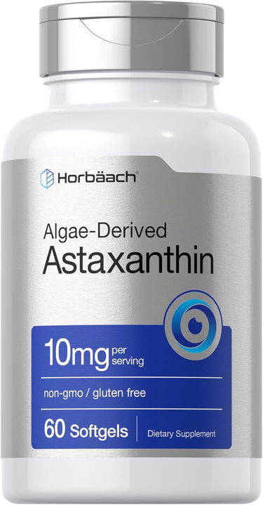 Bottle of Horbaach Algae-Derived Astaxanthin with 10mg per serving, 60 softgels.