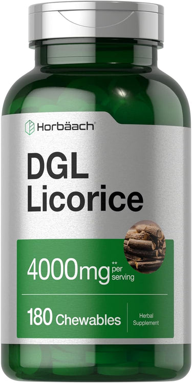Green supplement bottle labeled 'DGL Licorice' with Horbaach branding on a white background