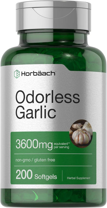 Green supplement bottle labeled 'Horbaach Odorless Garlic' on a white background