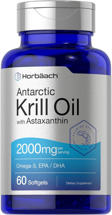 Horbaach Antarctic Krill Oil supplement bottle with blue and silver design.