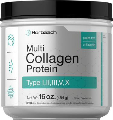 A container of Horbaach Multi Collagen Protein powder, indicating gluten-free and unflavored varieties, with a net weight of 16 oz (454 g).