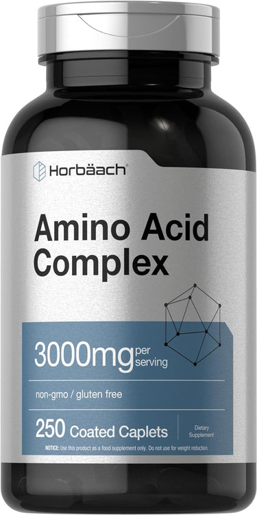 A bottle of Horbaach Amino Acid Complex containing 250 coated caplets, with a label indicating 3000mg of amino acids per serving, non-GMO and gluten-free.