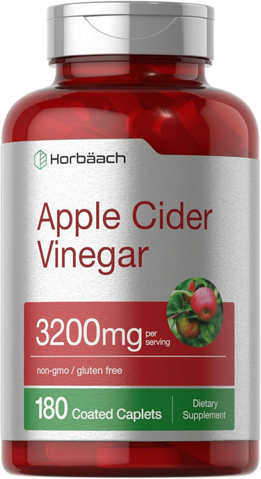 A bottle of Horbaach Apple Cider Vinegar with 180 coated caplets, each containing 3200mg of apple cider vinegar.