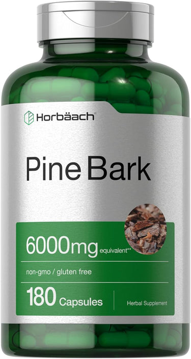 Bottle of Horbaach Pine Bark supplement with 6000mg dosage, containing 180 capsules, marked as non-GMO and gluten-free.