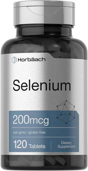 Bottle of Horbaach Selenium supplement containing 120 tablets, each tablet has 200mcg of Selenium. The label indicates the product is non-GMO, gluten-free, and has 120 tablets.