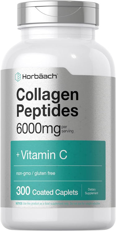 A bottle of Horbaach Collagen Peptides supplement, with 6000mg of collagen peptides and 300 coated caplets, marked as gluten-free and non-GMO.