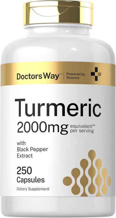 A bottle of Doctors Way Turmeric Curcumin supplement with 2000mg per serving, containing 250 capsules, displayed against a white background.