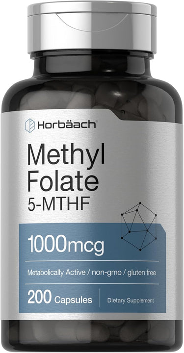 A bottle of Horbaach Methyl Folate 5-MTHF, with 1000mcg dosage, containing 200 capsules. The label indicates the product is non-GMO and gluten-free.