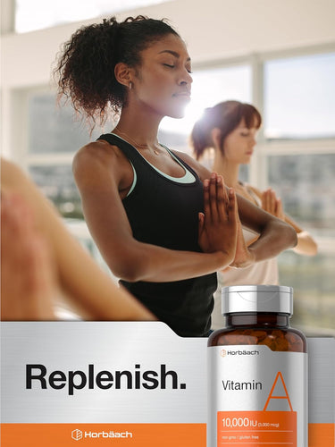 Two women in a yoga pose with a supplement bottle labeled 'Replenish' and 'Hertélách' on a blurred indoor background.