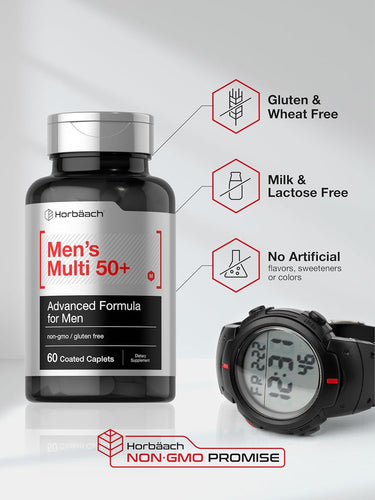 Horbaach Men's Multi 50+ supplement bottle with a watch on a gray background