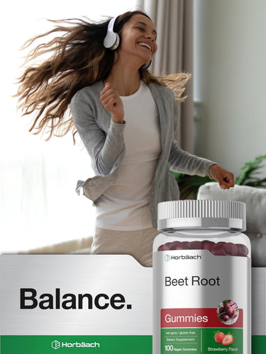 View 6 Young woman dancing joyfully with flowing hair, wearing headphones, next to a Horbaach Beet Root Gummies bottle.