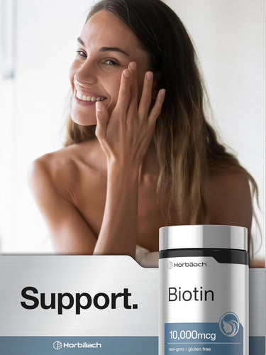 View 6 Horbäach Biotin 10,000mcg bottle labeled 'non-gmo' and 'gluten free'.