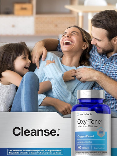 View 6 Family sitting together with a bottle of Oxy-Tone Intestinal Cleanser in the foreground.