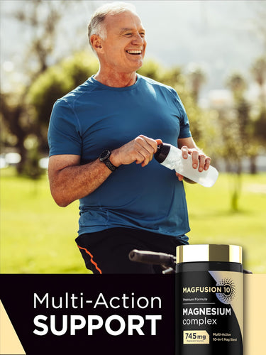 View 6 Senior man smiling outdoors, holding a water bottle, next to a bicycle and a Magfusion 10 Magnesium Complex bottle.