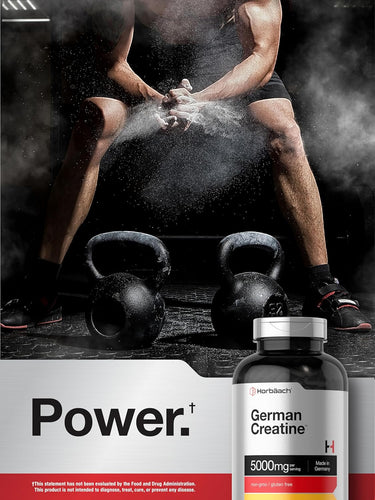 Person preparing for weightlifting with kettlebells and a bottle of German Creatine on a 'Power.' branded background.