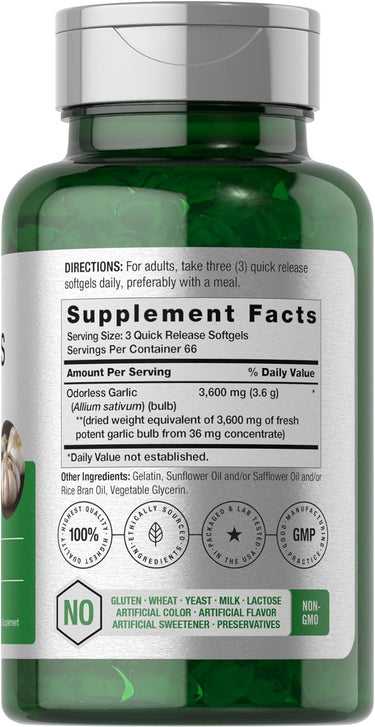 Ajo Sin Olor 3600mg por porción | 200 Cápsulas Blandas