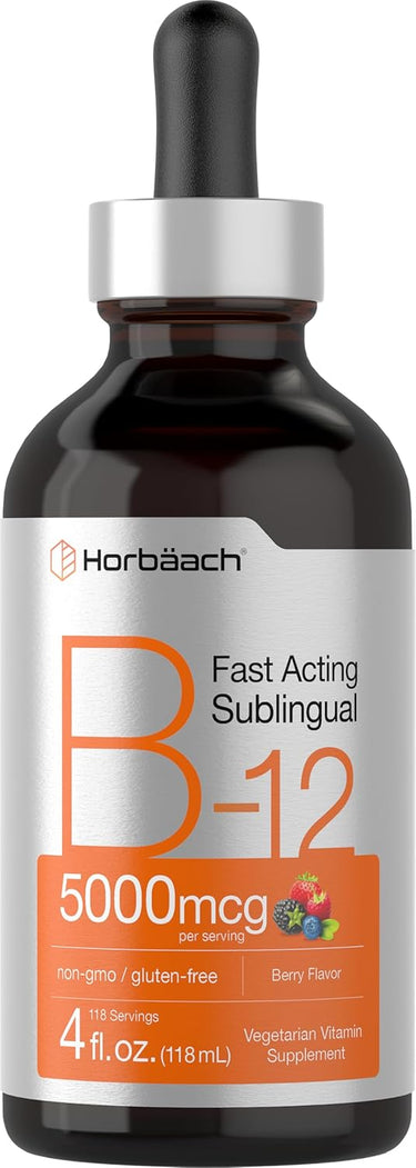 A bottle of Horbaach Fast Acting Sublingual B-12, 5000mcg dosage, in berry flavor, with a volume of 4oz.
