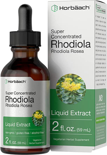 Horbaach Super Concentrated Rhodiola Rosea Liquid Extract bottle and packaging.