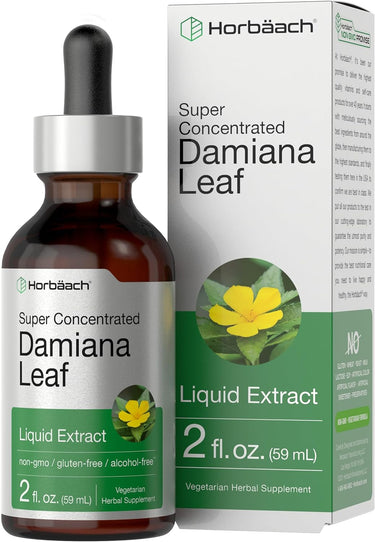 Bottle and box of Horbaach Super Concentrated Damiana Leaf Liquid Extract