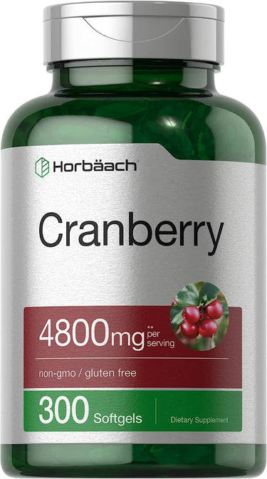 A bottle of Horbaach Cranberry softgels, with a label indicating 4800 mg of cranberry per serving, containing 300 softgels, non-GMO and gluten-free.
