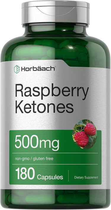 Bottle of Horbaach Raspberry Ketones supplement containing 180 capsules, with a label displaying the product name, strength, and raspberry imagery.