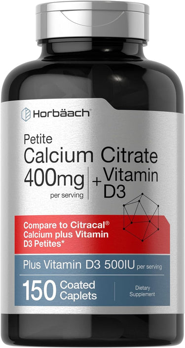 A bottle of Horbaach Calcium Citrate 400mg per serving plus Vitamin D3 500IU, with 150 coated caplets.