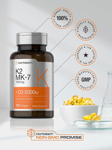 Horbaach K2 MK-7 supplement bottle with a bowl of capsules on a gray background