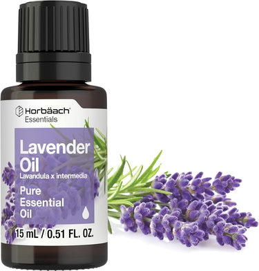 A bottle of Horbaach Essentials Lavender Oil with a label showing the product name and a lavender plant in the background.