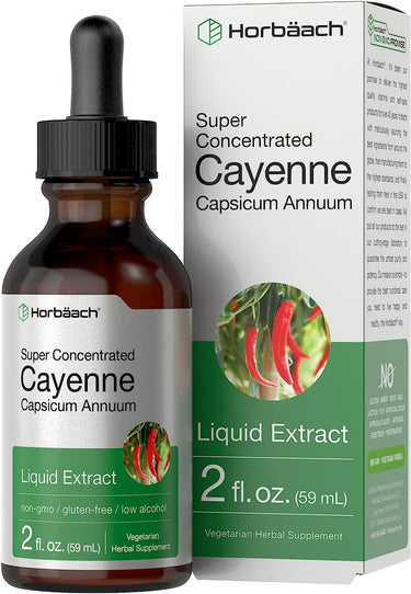 A bottle of Horbaach Super Concentrated Cayenne Capsicum Annuum Liquid Extract alongside its packaging box. The bottle is labeled with the product details and has a dropper top.
