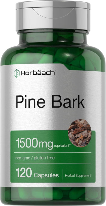 Green supplement bottle labeled 'Pine Bark' with Horbaach branding on a white background