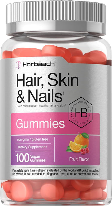 A bottle of Horbaach Hair, Skin & Nails Gummies with fruit flavor, containing 100 vegan gummies, gluten-free and non-GMO.