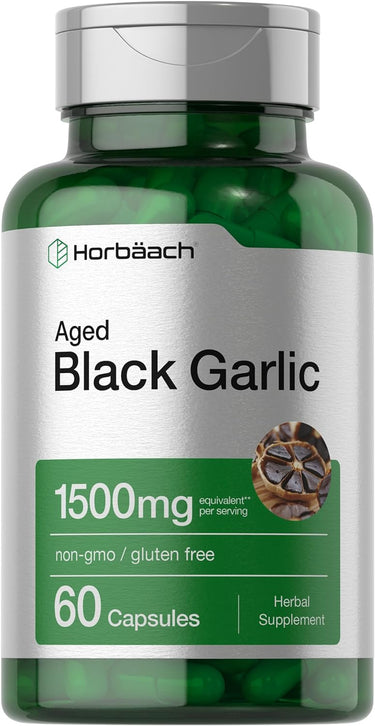 A bottle of Horbaach Aged Black Garlic supplement with 1500mg per serving, containing 60 capsules. The label indicates the product is non-GMO and gluten-free.