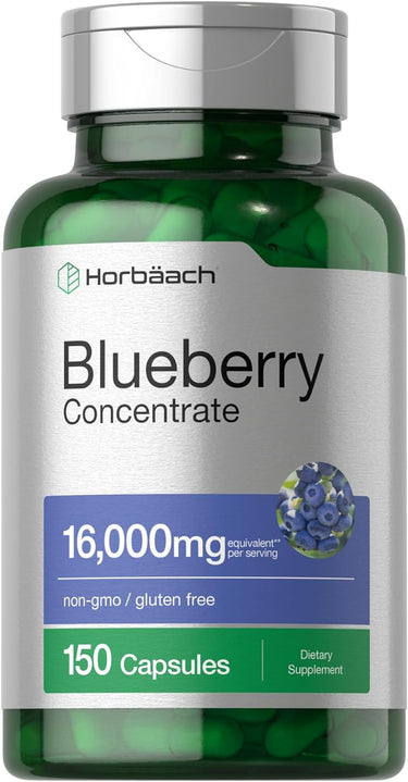 A bottle of Horbaach Blueberry Concentrate with 150 capsules, labeled as non-GMO and gluten-free.