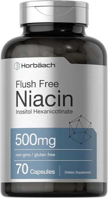 A bottle of Horbaach Flush Free Niacin, with 70 capsules inside, each containing 500mg of Niacin. The label on the bottle indicates the product is non-GMO and gluten-free.