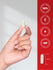 Hand holding a pill with certification logos on a red background