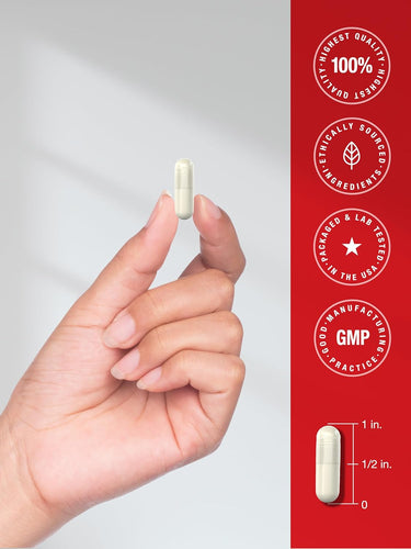 Hand holding a pill with certification logos on a red background