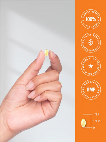 View 7 Horbaach Vit D Softgel in a hand; infographic shows the softgel is 1/2 in. long and 1/4 in. wide.