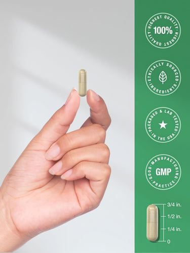 View 7 Infographic stating 100% highest quality, ethically sourced ingredients, packaged and lab tested in USA, 3/4 inch capsule.