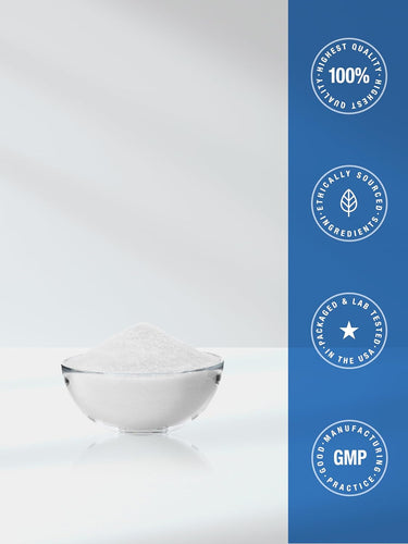 Bowl of powder with certification logos on a blue and white background